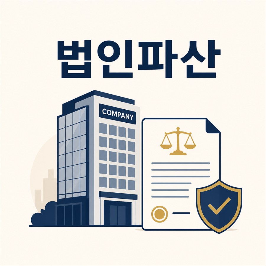 법인파산 절차를 상징하는 사옥과 법률 문서 이미지