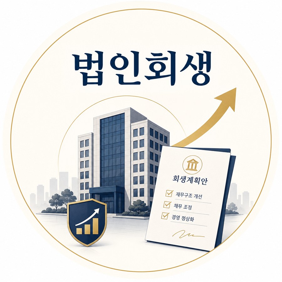 법인회생 절차를 설명하는 회생계획안과 사옥 이미지